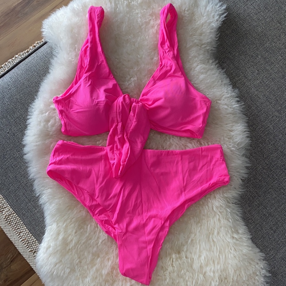 Pink high waist bikini / ribbed bikini / hot pink bikini - Picture 1 of 2
